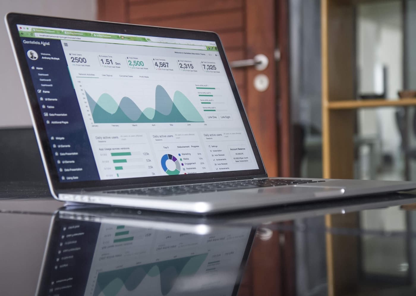 Laptop on a desk with analytics charts, representing a website audit