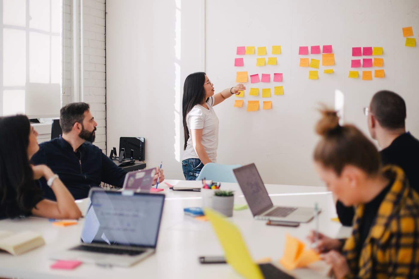 Team reviewing customer journey notes on a whiteboard