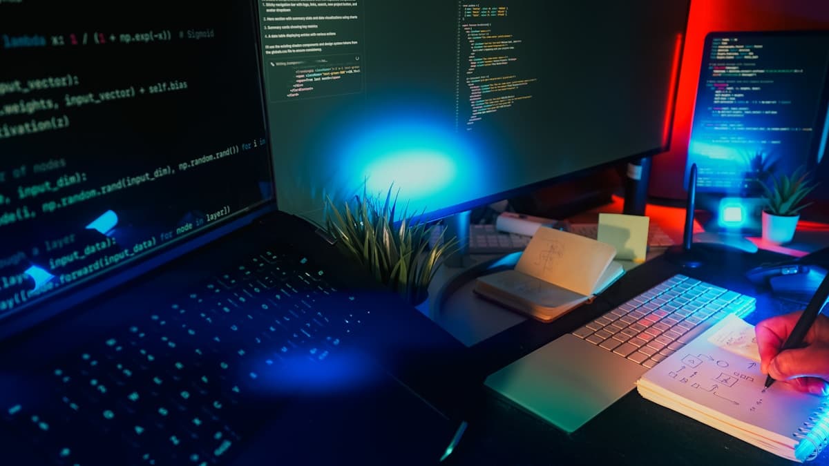 Developer workspace with code on screens in neon lighting, illustrating AI search optimization in 2026